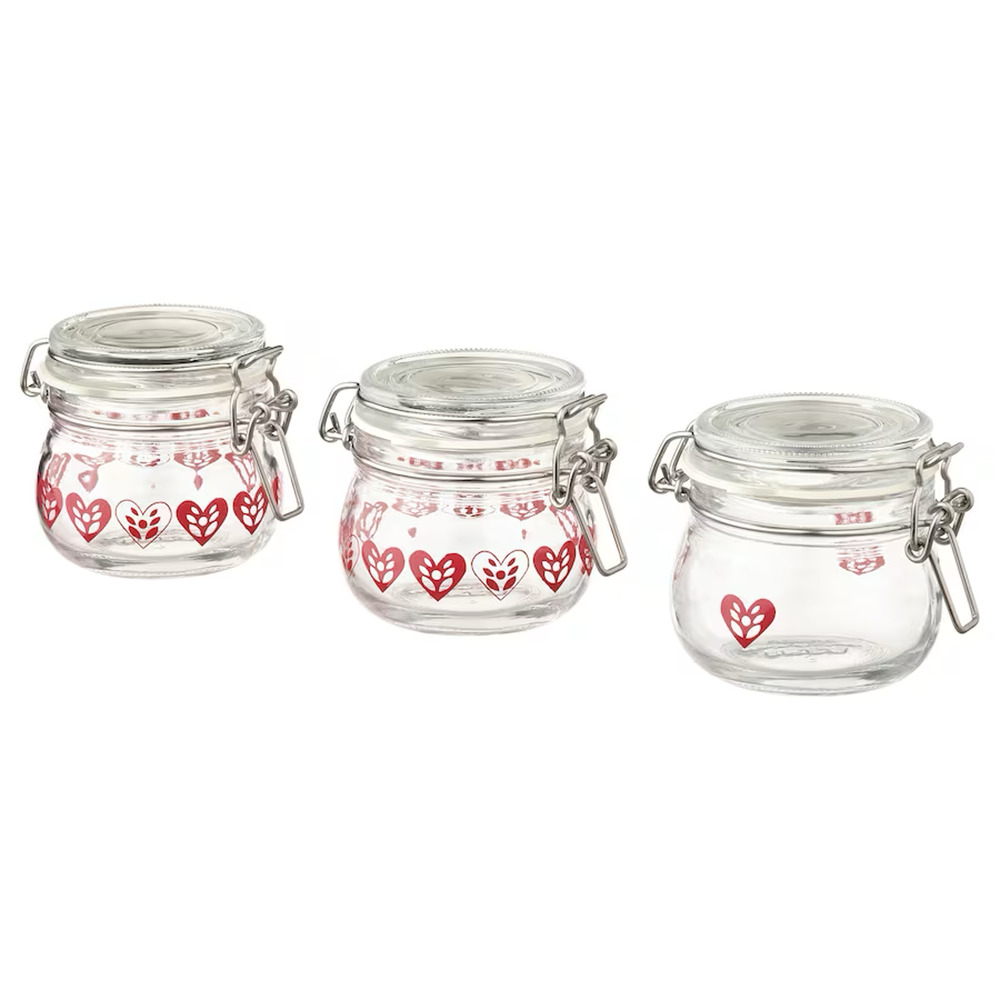 IKEA VINTERFINT Jar With Lid, Heart Pattern Glass/Red, 3 Pack (505.308.32) NEW